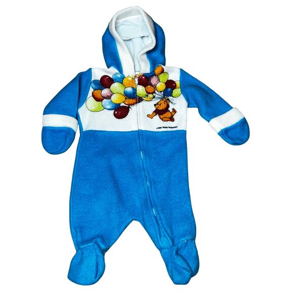 Vintage Disney Winnie the Pooh with balloons bear blue one piece footed hood PJ - Picture 1 of 8
